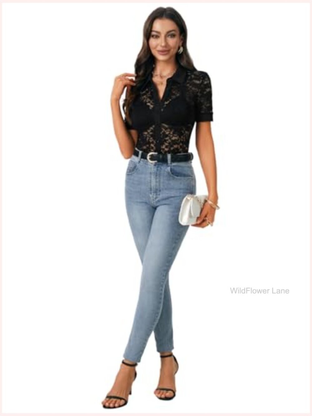 Lace Button Up Short Sleeve Blouse Sheer Collared Shirt Dressy Casual Top - Picture 6 of 7